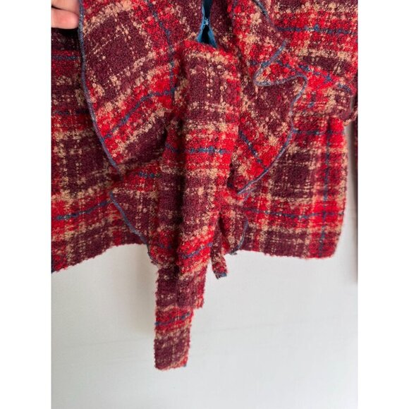 Anthropologie Tabitha Moretown Burgundy Red Blue Plaid Belted Blazer Size 12 - Picture 9 of 15